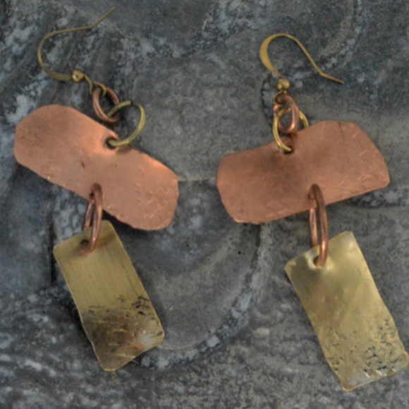 Brutalist Earrings Copper Brass Rustic Statement - Picture 3 of 8
